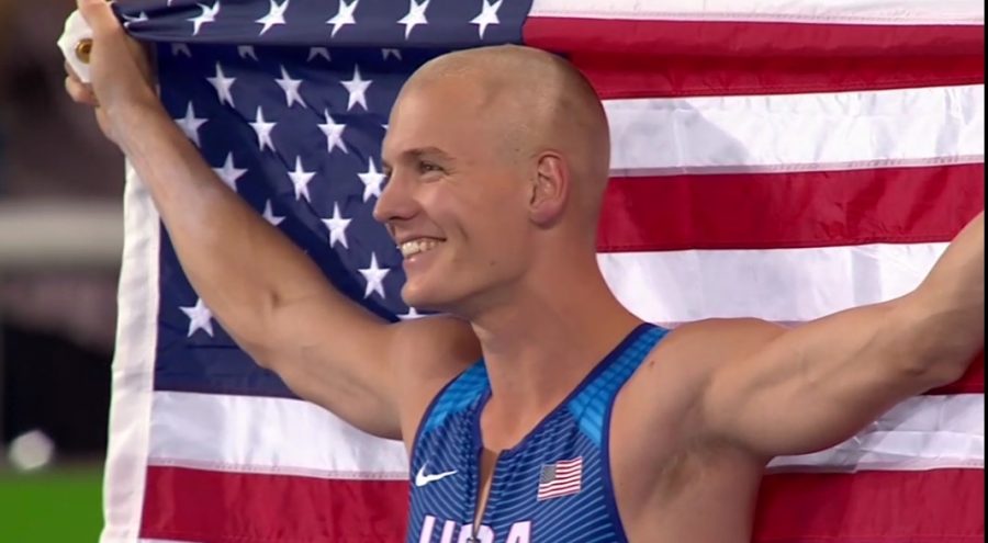 Kendricks holds the USA flag in celebration of his bronze medal win, as seen on NBC live broadcast from Rio.