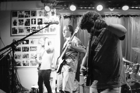 Sam Stevens (left), Patrick Mink (middle), and Will Smith (right) of Delta Springs perform.