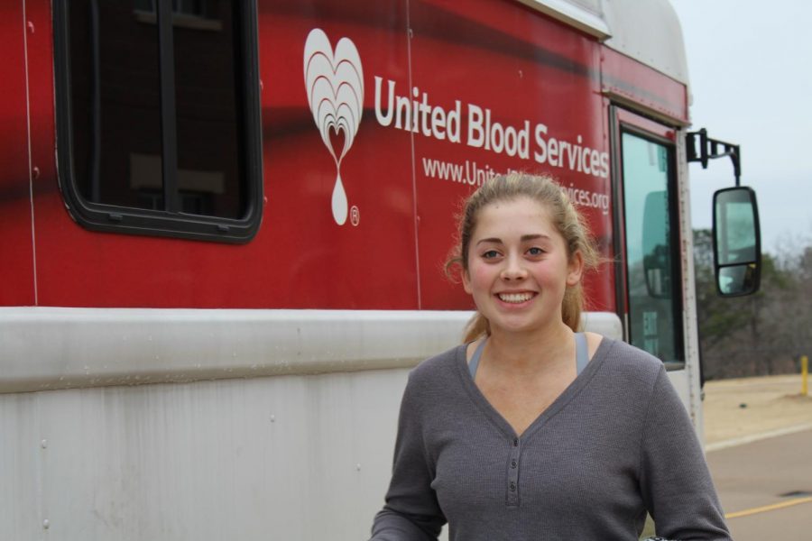 Sophomore Mary Paxton Heiskell exits the United Blood Services donor bus after giving blood. The school decided to host the blood drive because of Mississippis low amount of donated blood throughout the state.
