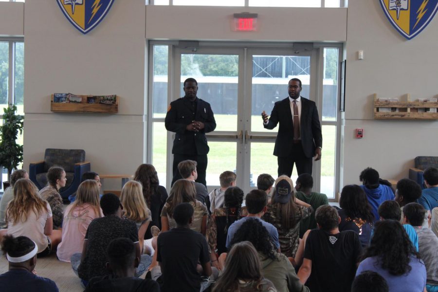 Firemen Jamie Phillips and Keveon Taylor talk to the ninth grade Personal Leadership course. They came to talk about leadership qualities as 9/11 approaches this year. 