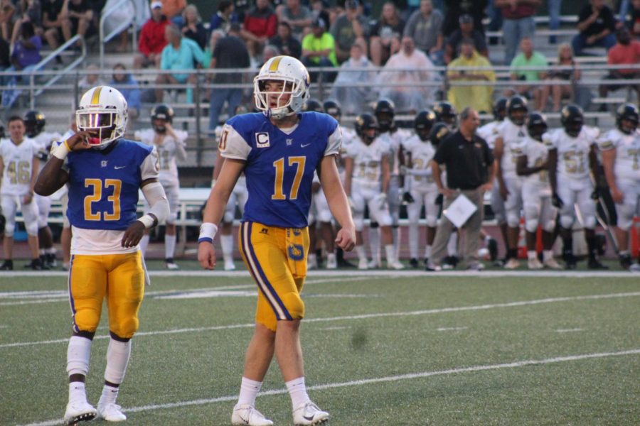 Seniors KJ Wadley and John Meagher look to the sideline during the Chargers game against Northwest Rankin earlier in the season. This year, the Chargers have the second ever 6A playoff berth and will host Warren Central.