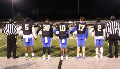Seniors JJ Pegues, Kiyon Williams, Dude Person, John Meagher and Javian Gipson-Holmes line up before the coin toss for their game against Northwest Rankin, which the Chargers won 43-7. The Chargers held their senior night last week and won against Hernando with a score of 36-6.