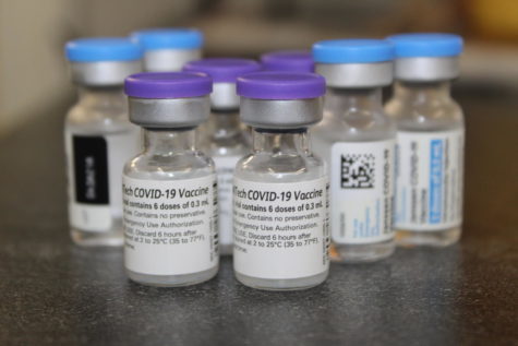 Pfizer vaccine vials sit atop a table at Oxford Rx, a newly opened pharmacy in the town of Oxford.