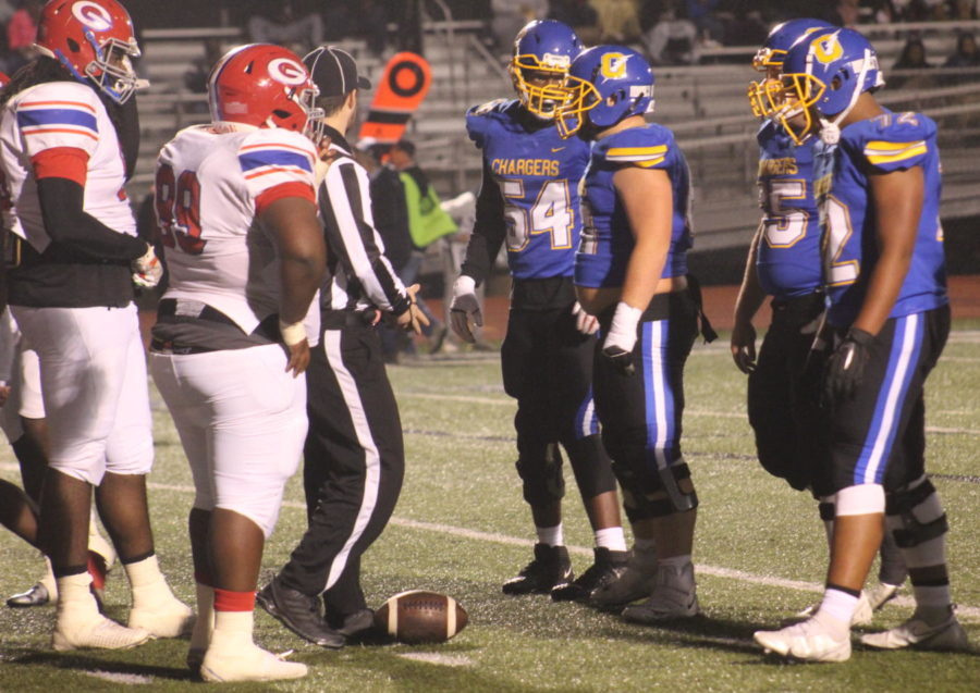 The Oxford offensive line prepares for a play against Grenada on October 29, 2021. The Oxford Chargers beat the Grenada Chargers 19-17.