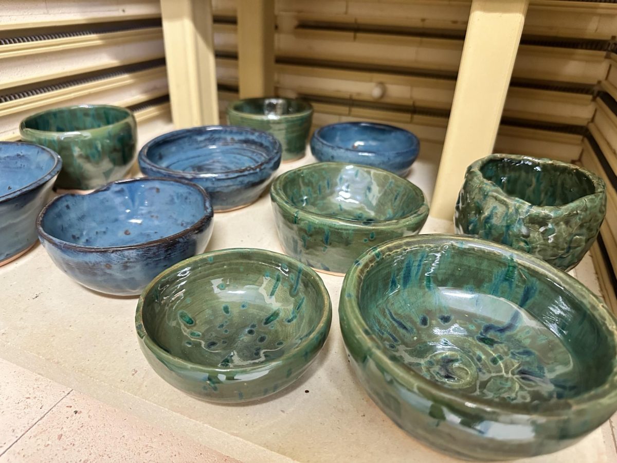 The finished project of the students ceramic bowls after being fired in the kiln and glazed.