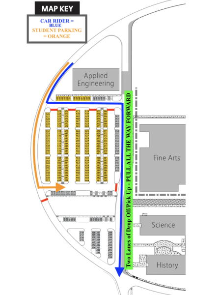 This picture was sent out as an email to students and parents, depicting the newest version of the student pick up and drop off route. The route is subject to change and will likely not return to its original form until construction of the CTE building is complete.