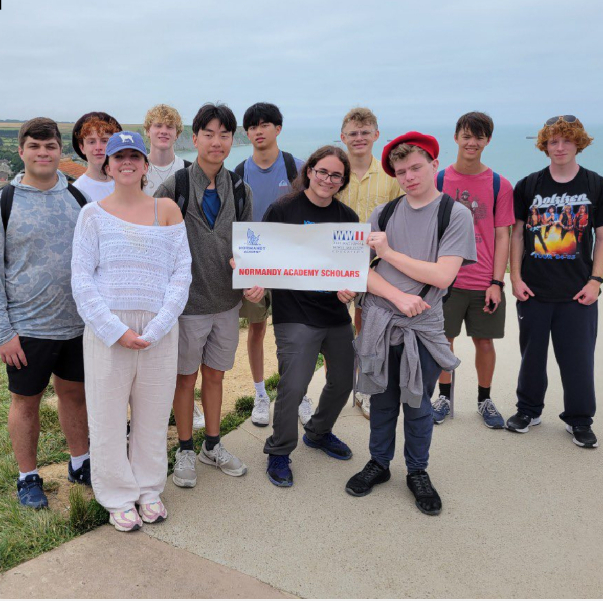 Senior Macon Harrell and fellow students pose for a picture at Gold Beach, Normandy. The Normandy Academy focuses on the experiences of the Allied forces throughout the Battle of Normandy.